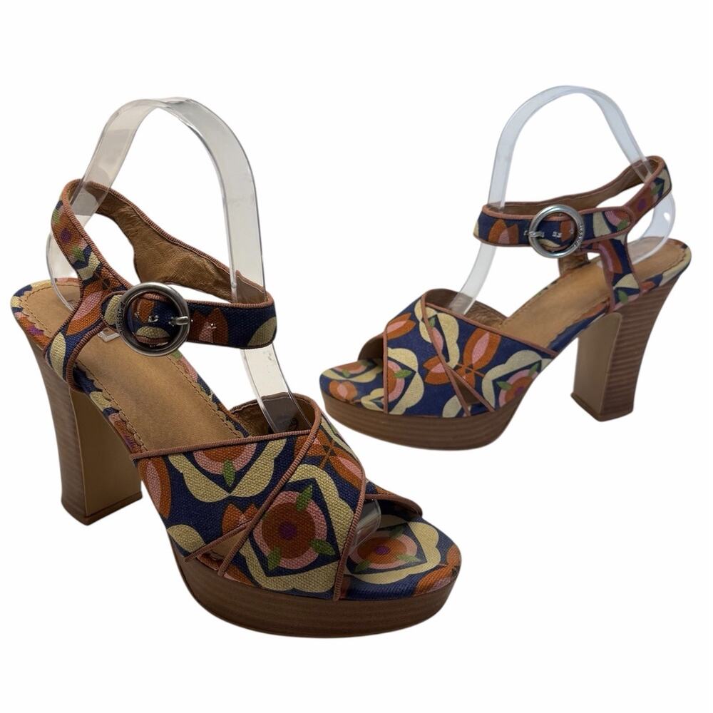 Fossil Women's Retro Floral 4” Pumps Shoes Heels Patterned Spring Summer Buckle